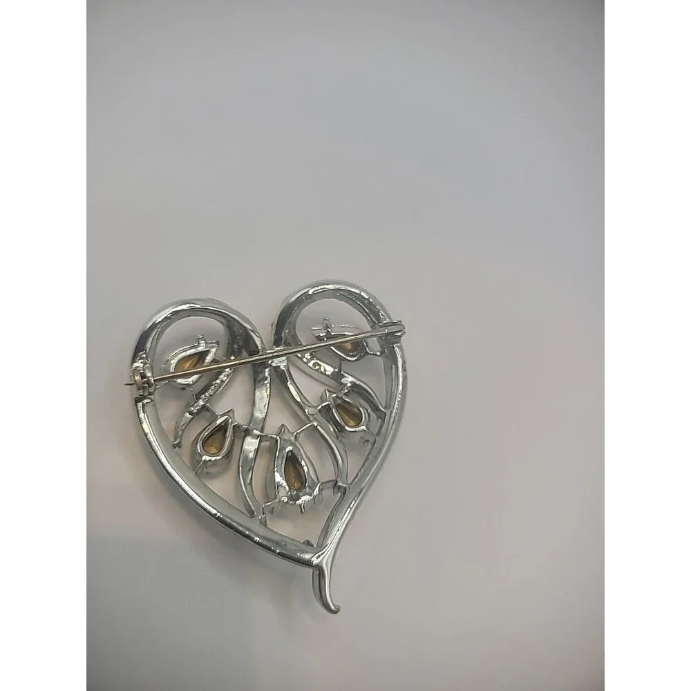 Vintage Coro Pin Brooch Ornate Heart Crystal Teardrop Jewelry Costume